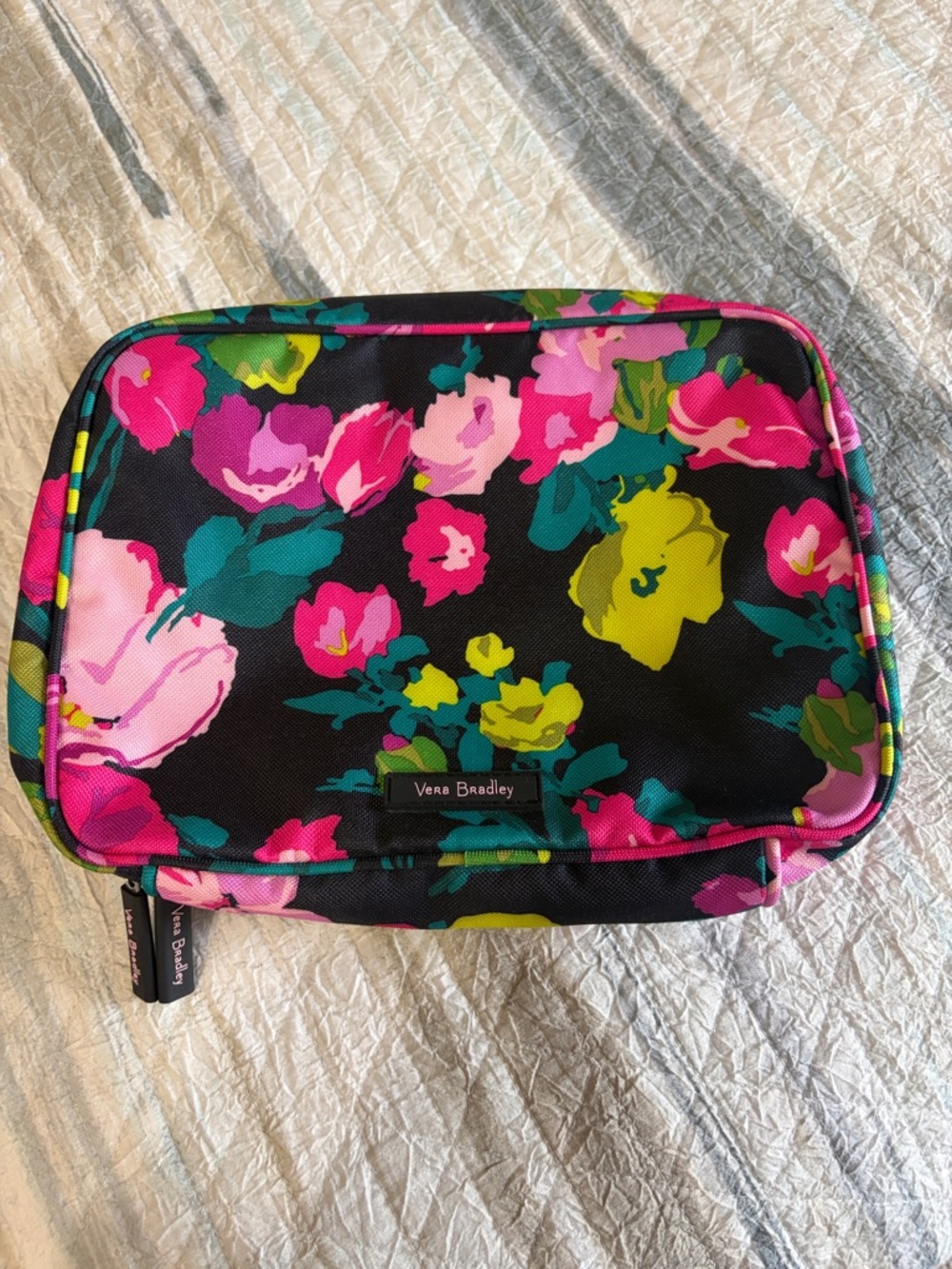Vera Bradley Black Floral Bath / Cosmetic Pouch with Pink, Teal & Yellow Blooms
